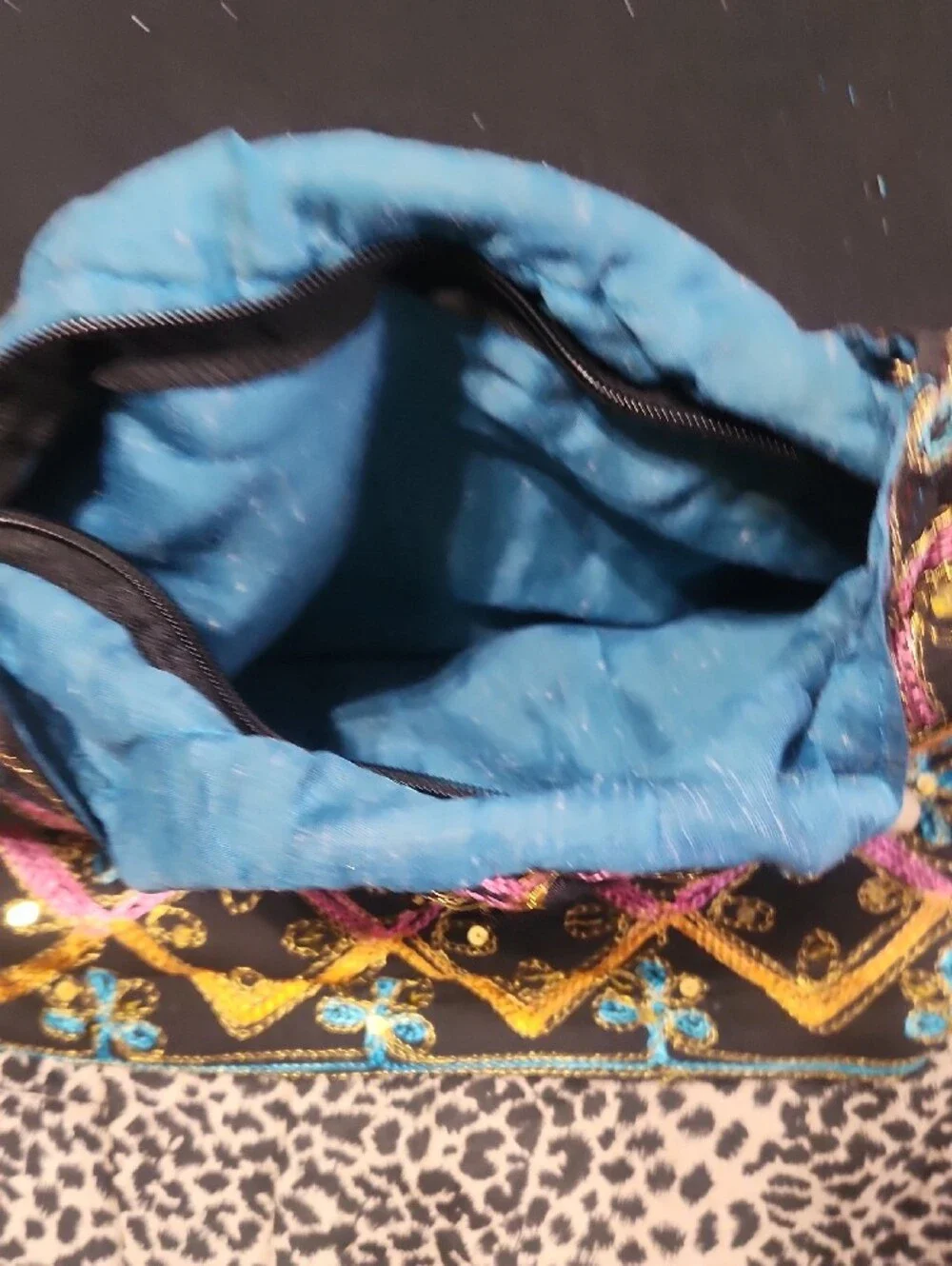 Homemade Black Embroidered Boho Bag with Gold, Pink and Blue Accents